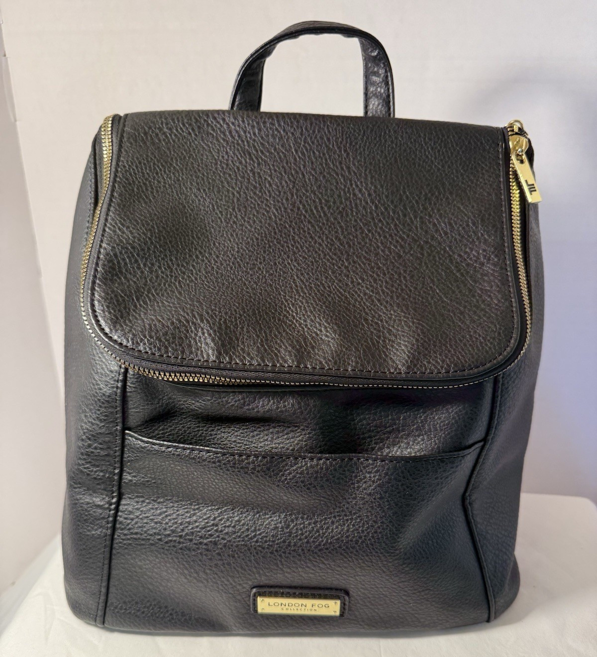 London Fog Black Faux Leather Backpack for Men Gold Hardware Collection