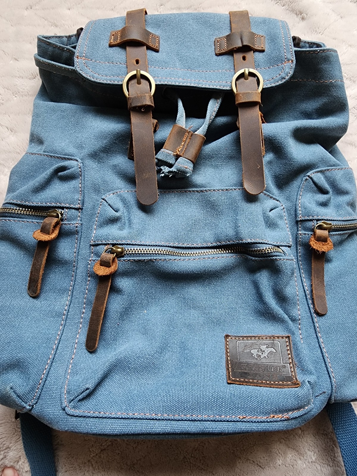 Augur Jans Denim Backpack Drawstring And Magnetic Snap Closure Vintage STYLE