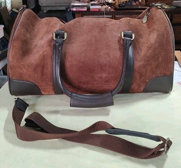 Vintage Suede Duffle Travel Bag Heavy Leather 21″ Marlboro Guts Grit Gear Tags