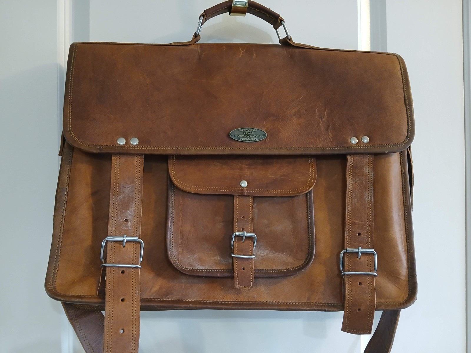 MEN’S HANDMADE WORLD EXECUTIVE BROWN LEATHER SATCHEL MESSENGER BAG MADE IN USA