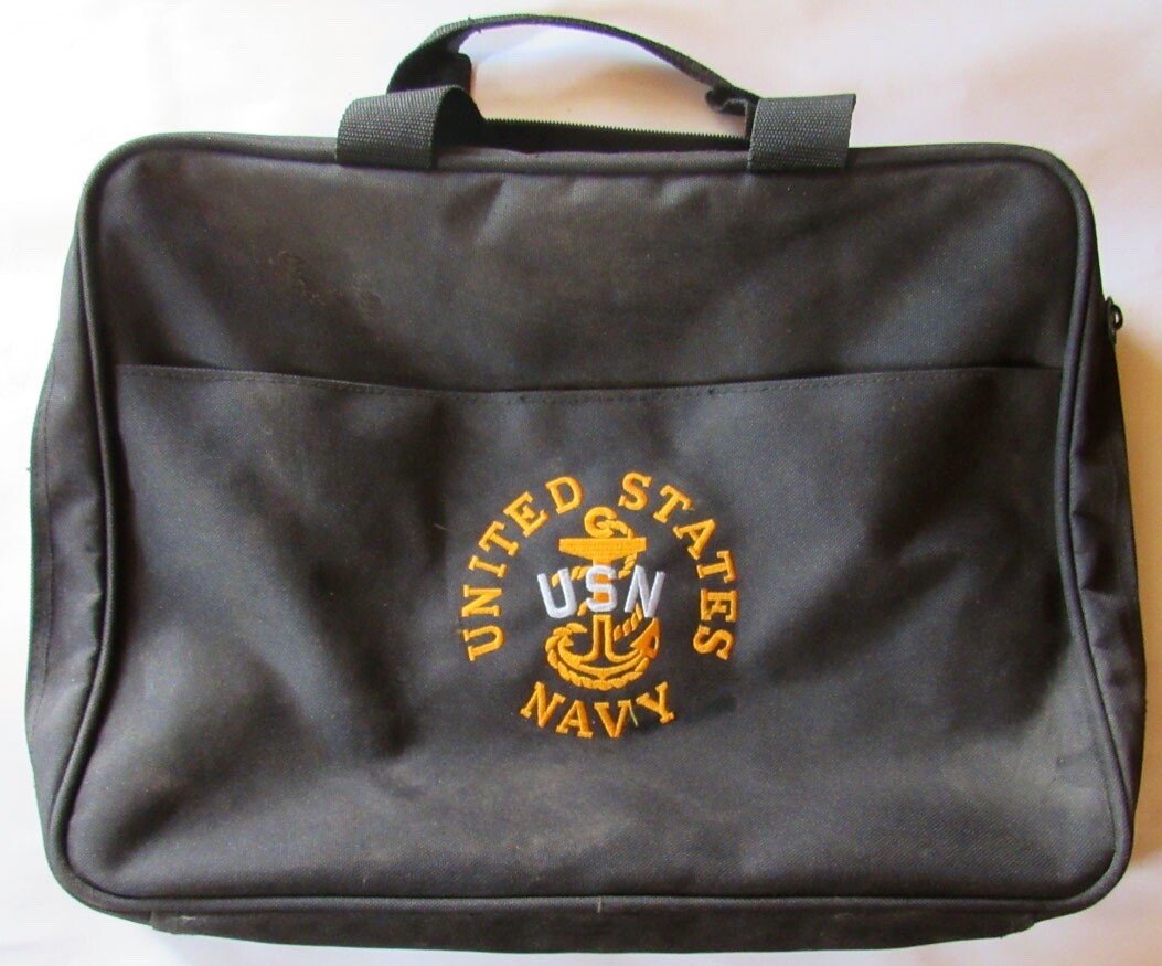 US Navy Canvass Bag 16x12x3 inches Navy Black Zipper Top Embroidered