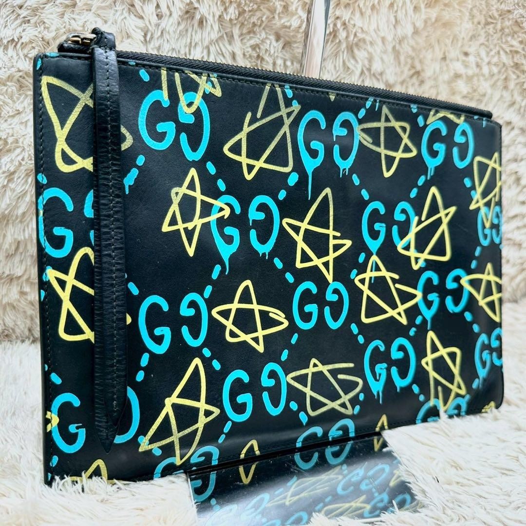 GUCCI Ghost Clutch Bag Leather Black Blue Men Women Authentic 20x29cm