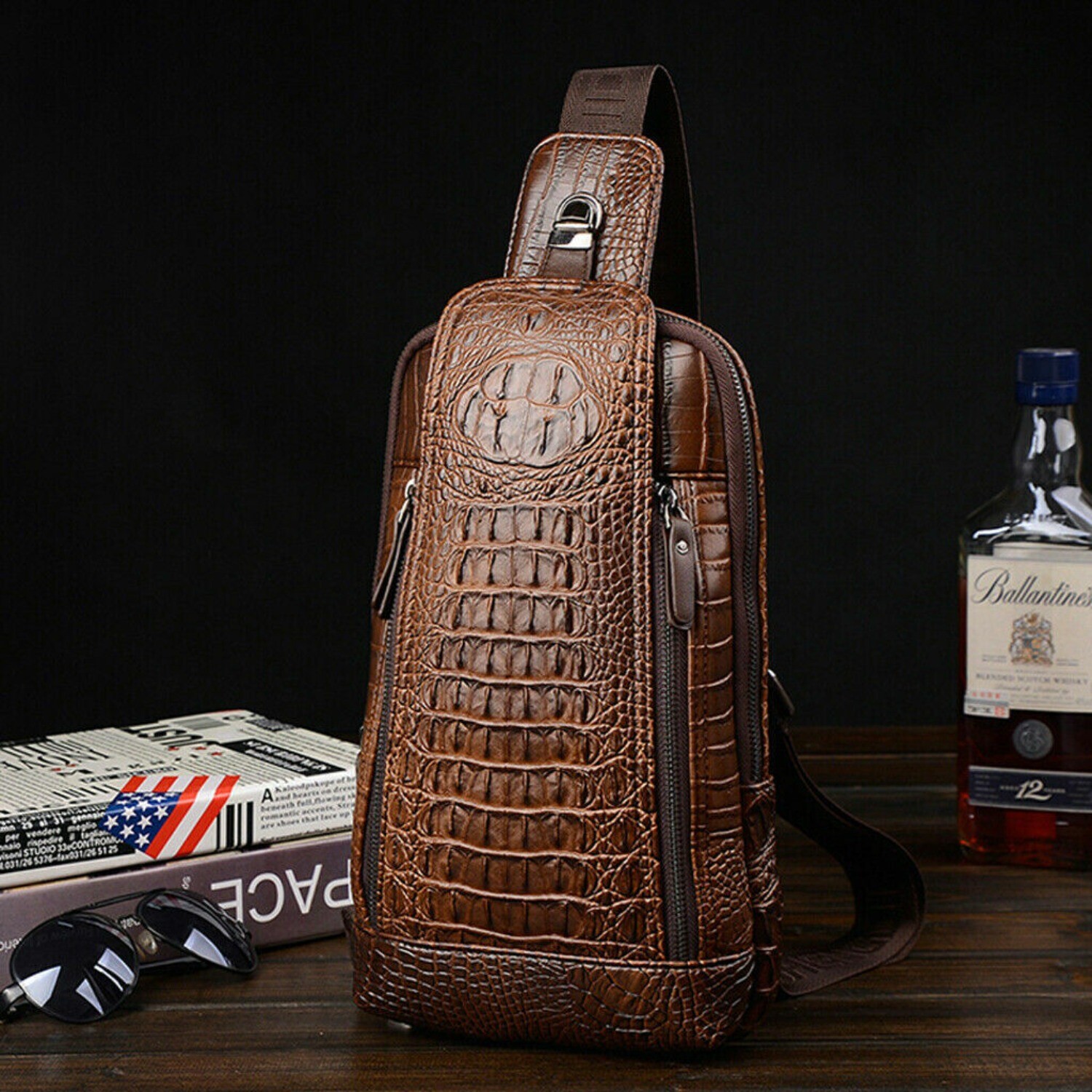 Men’s Leather Crocodile Pattern Chest Bag Sling Backpack Crossbody Travel Bag