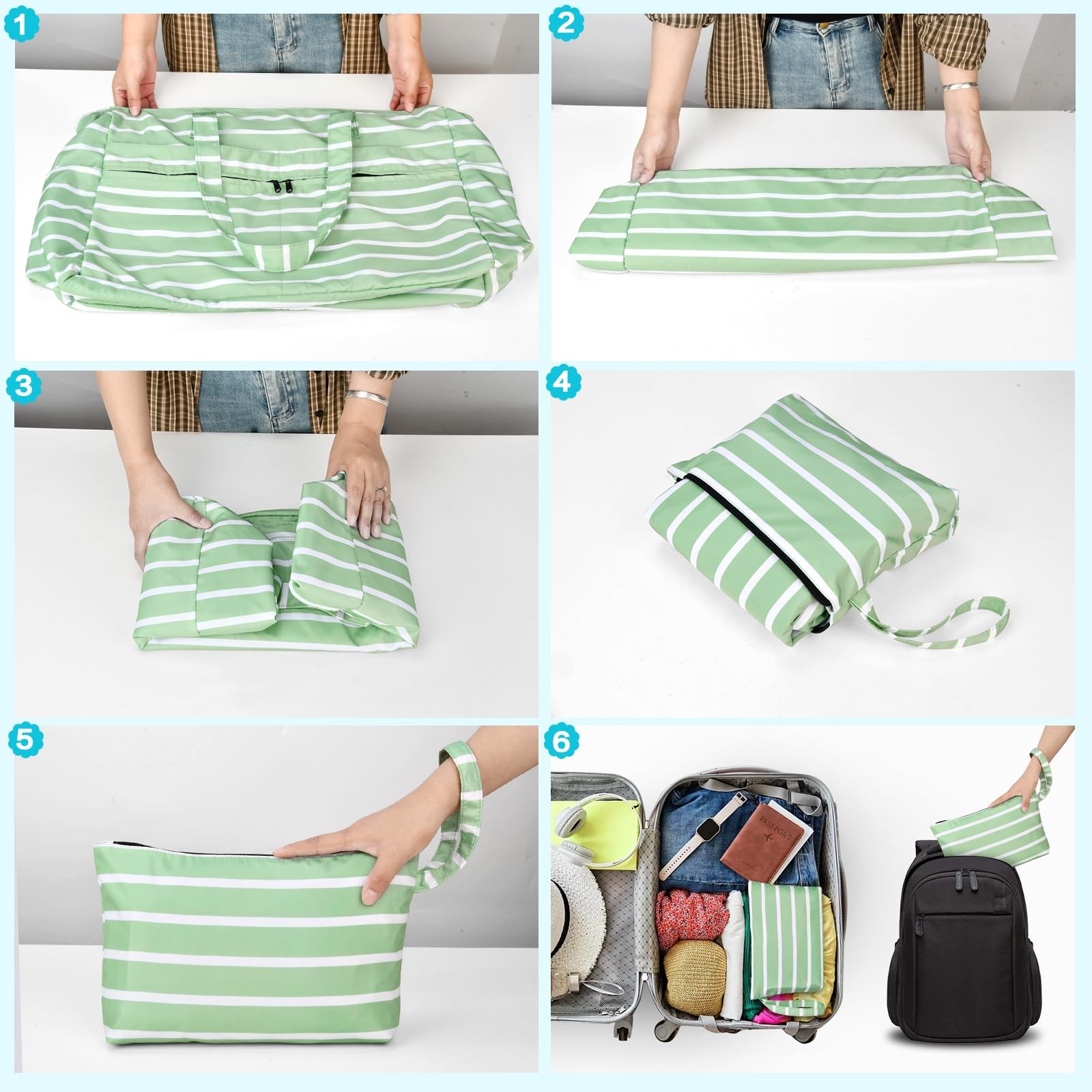 HUANLANG Extra Large Beach Bag Waterproof One Size, Light Green and White