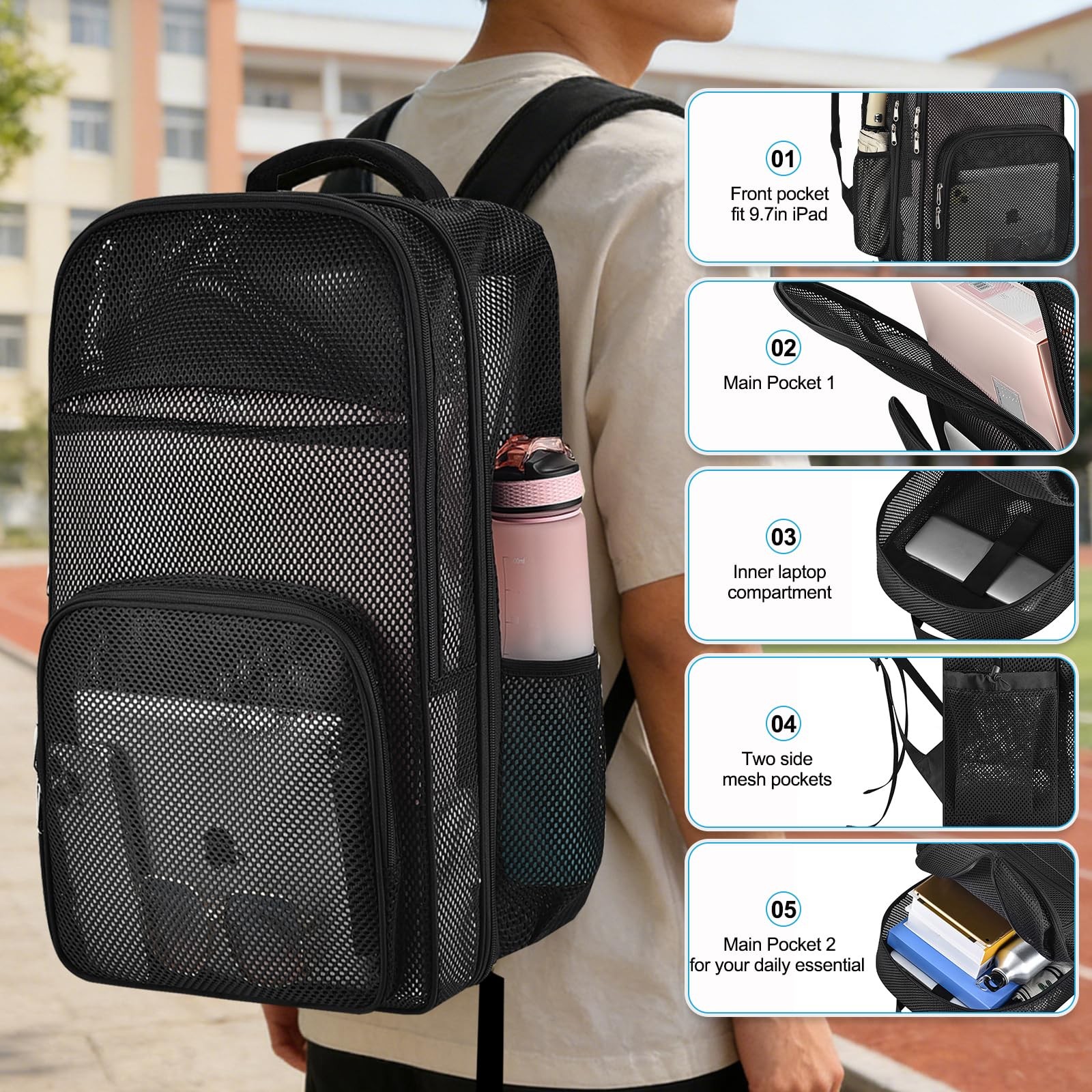 Heavy Duty Mesh Backpack 19 Inch Large Black School Work Travel Daybag