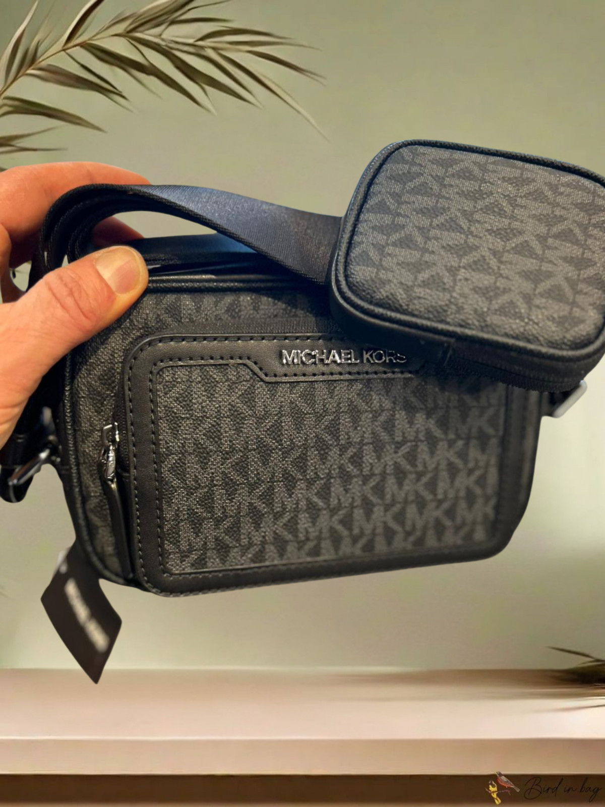 Michael Kors Cooper Men MK Logo Camera Double Zip Shoulder Bag + Pouch Black
