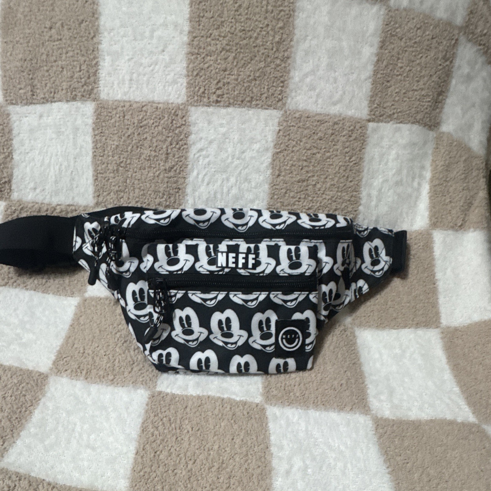 Neff Mickey Mouse Black & White Graphic Print Fanny Pack Belt Bag Zip Pockets