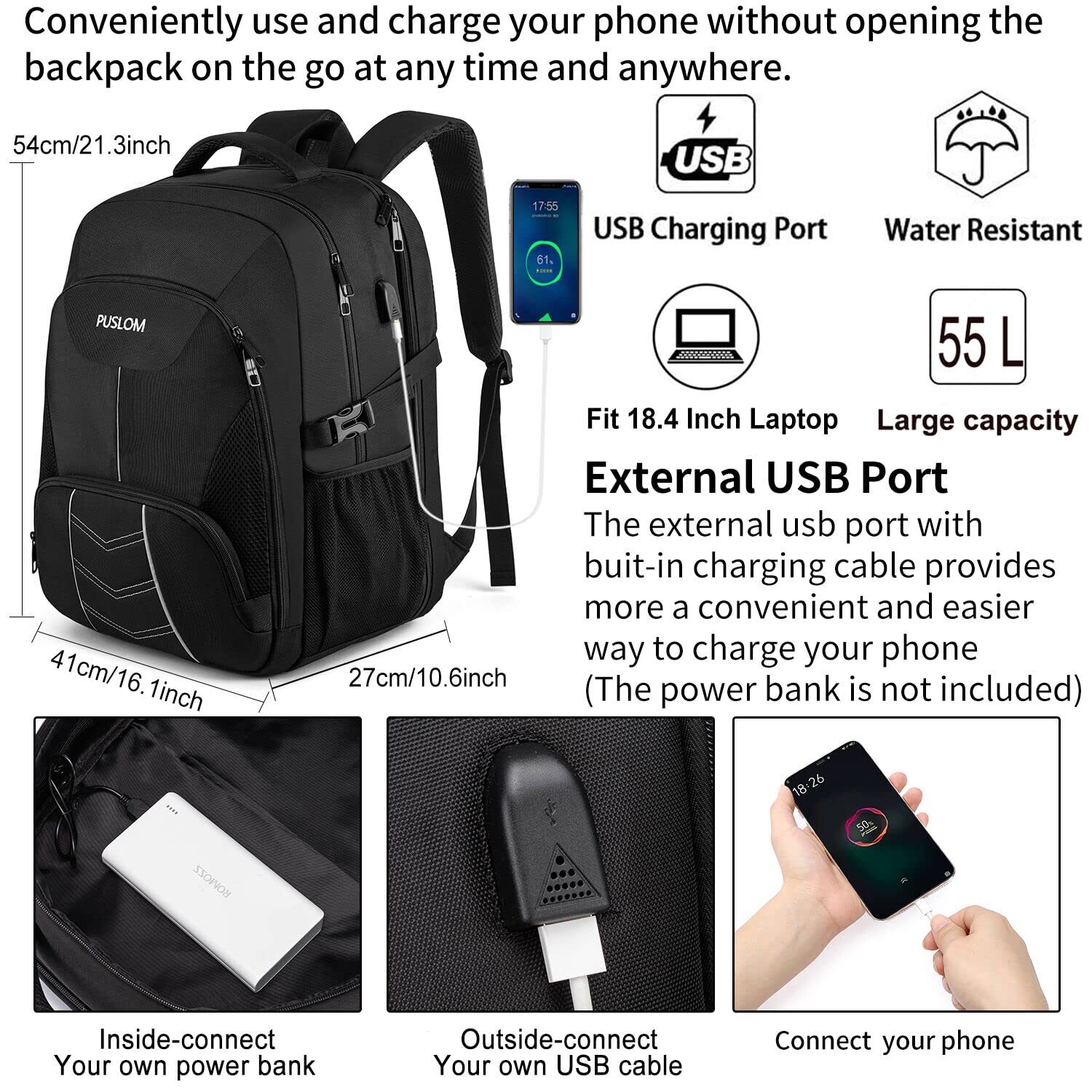 Extra Large Backpack for Men 55L18.4Inch Travel Laptop Backpack with USB Char…