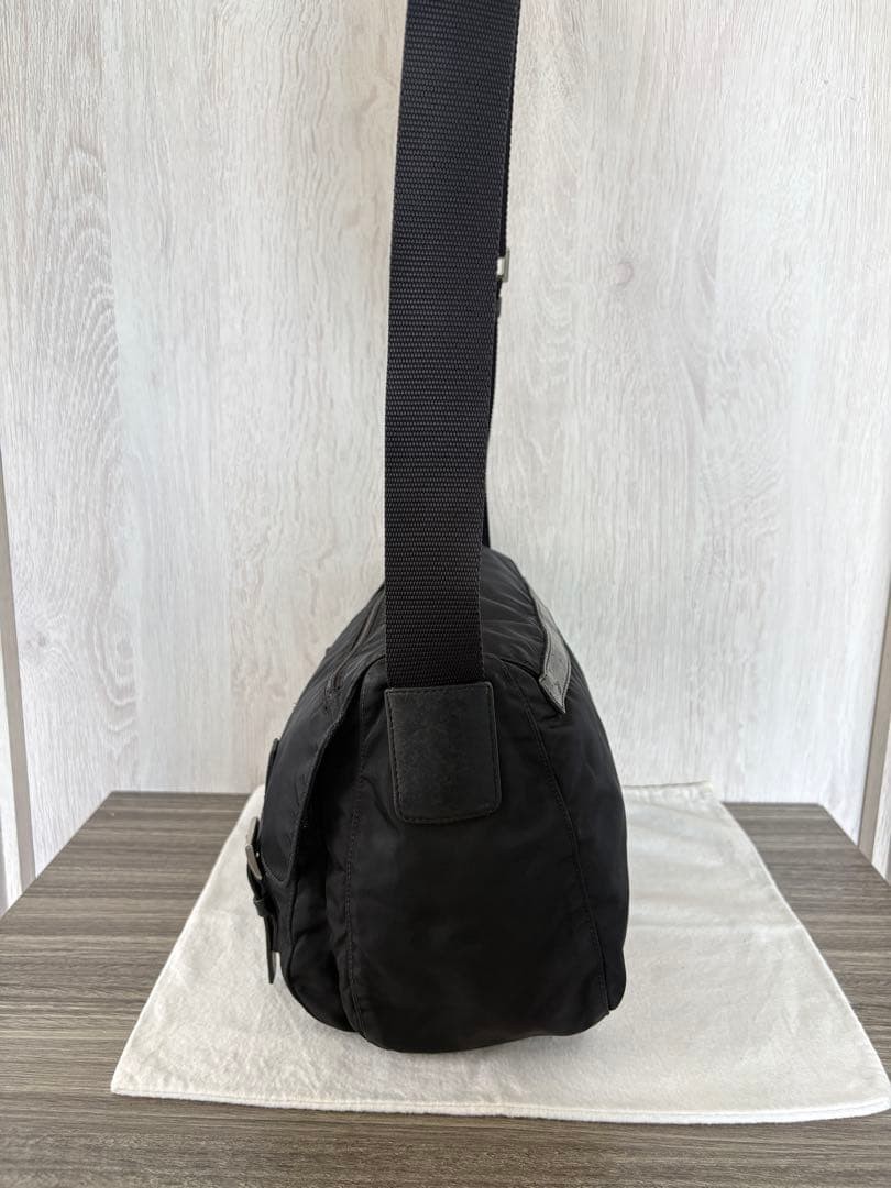 PRADA Shoulder Bag Tessuto Nylon Leather Triangle Logo Black Excellent Condition