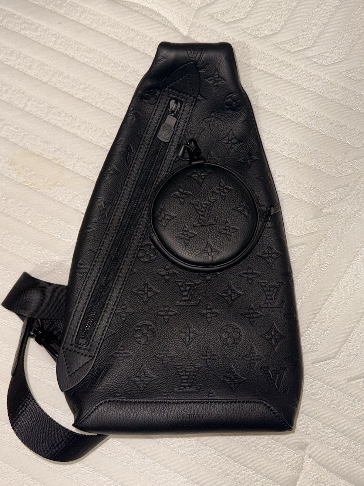 Louis Vuitton Black Monogram Embossed Duo Sling Bag w/ Adjustable Strap & Coin