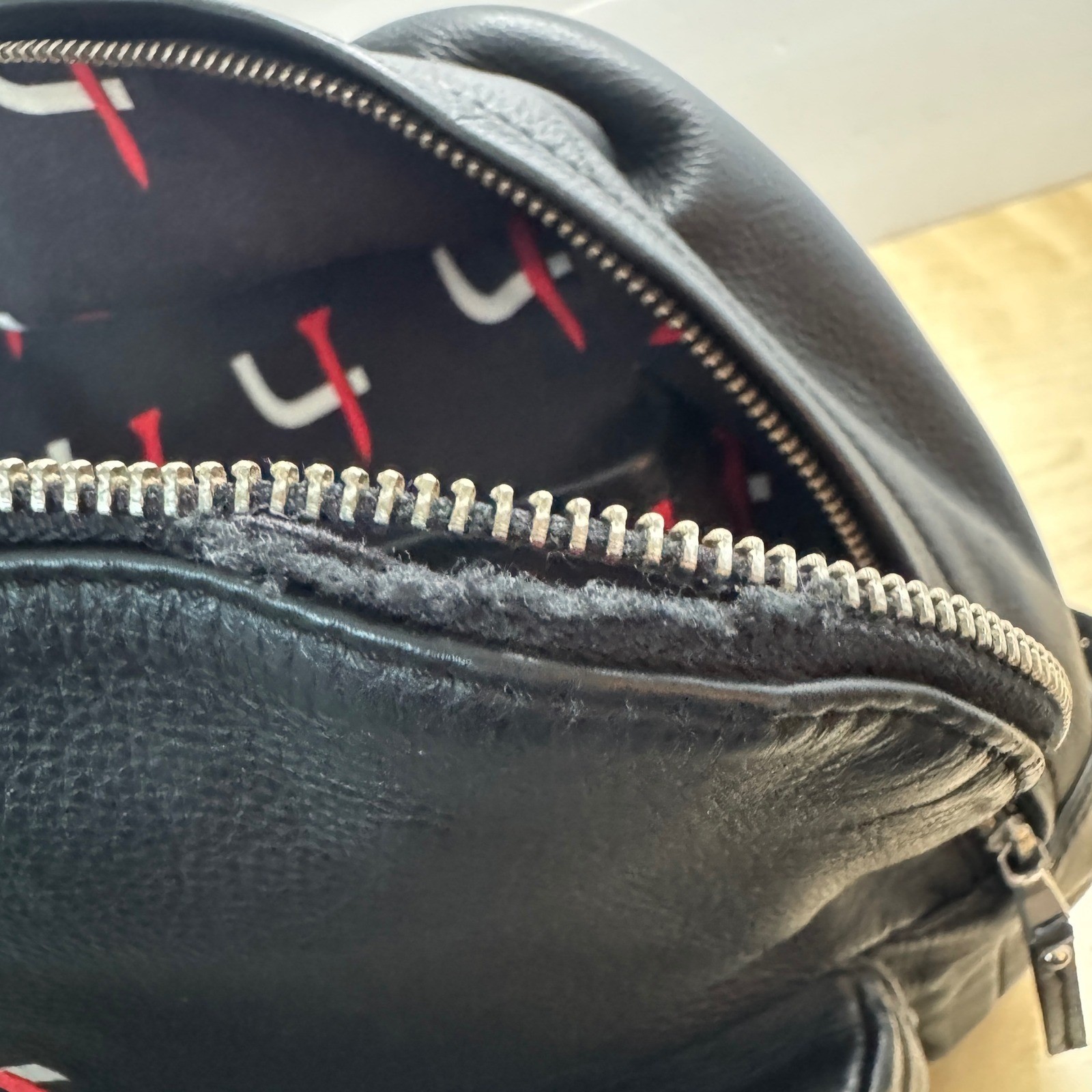 FH Wadsworth Black Leather Backpack Short Par 4 Logo Laptop Sleeve Frayed *READ*