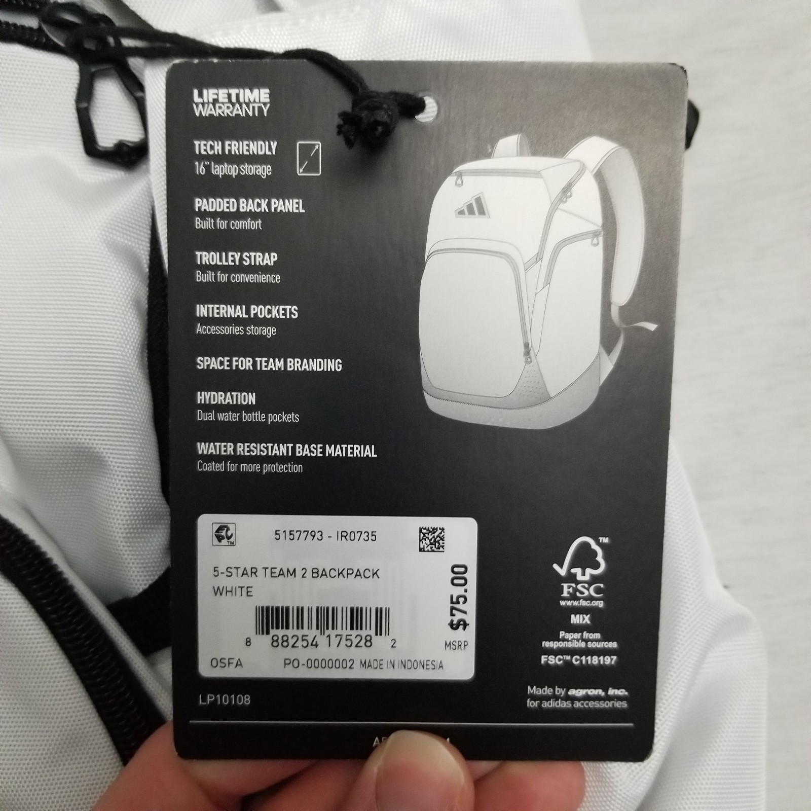 Adidas 5-Star Team 2 Backpack White Black Dual Water Bottle Pockets Padded Back