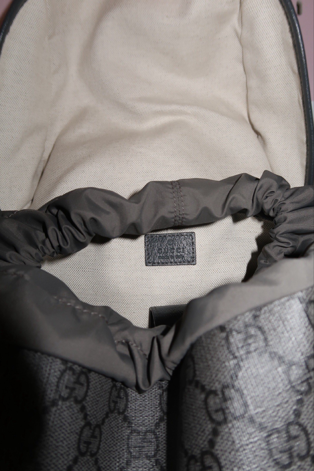 Gucci GG Pattern Gray/Black Backpack Drawstring Flap Buckle Adjustable Strap