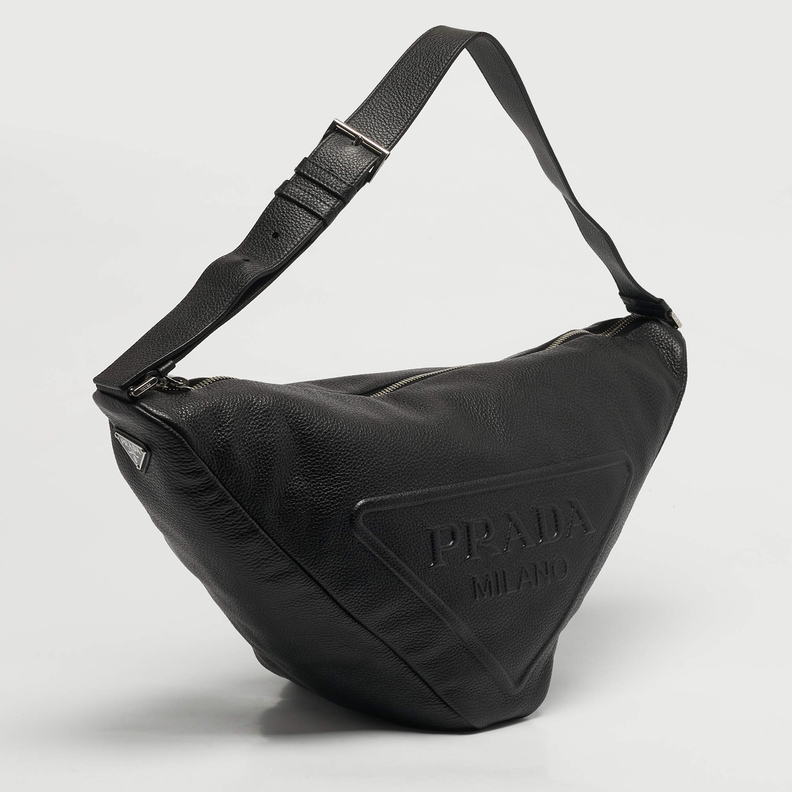 Prada Triangle Logo Embossed Black Vitello Dain Leather Bag