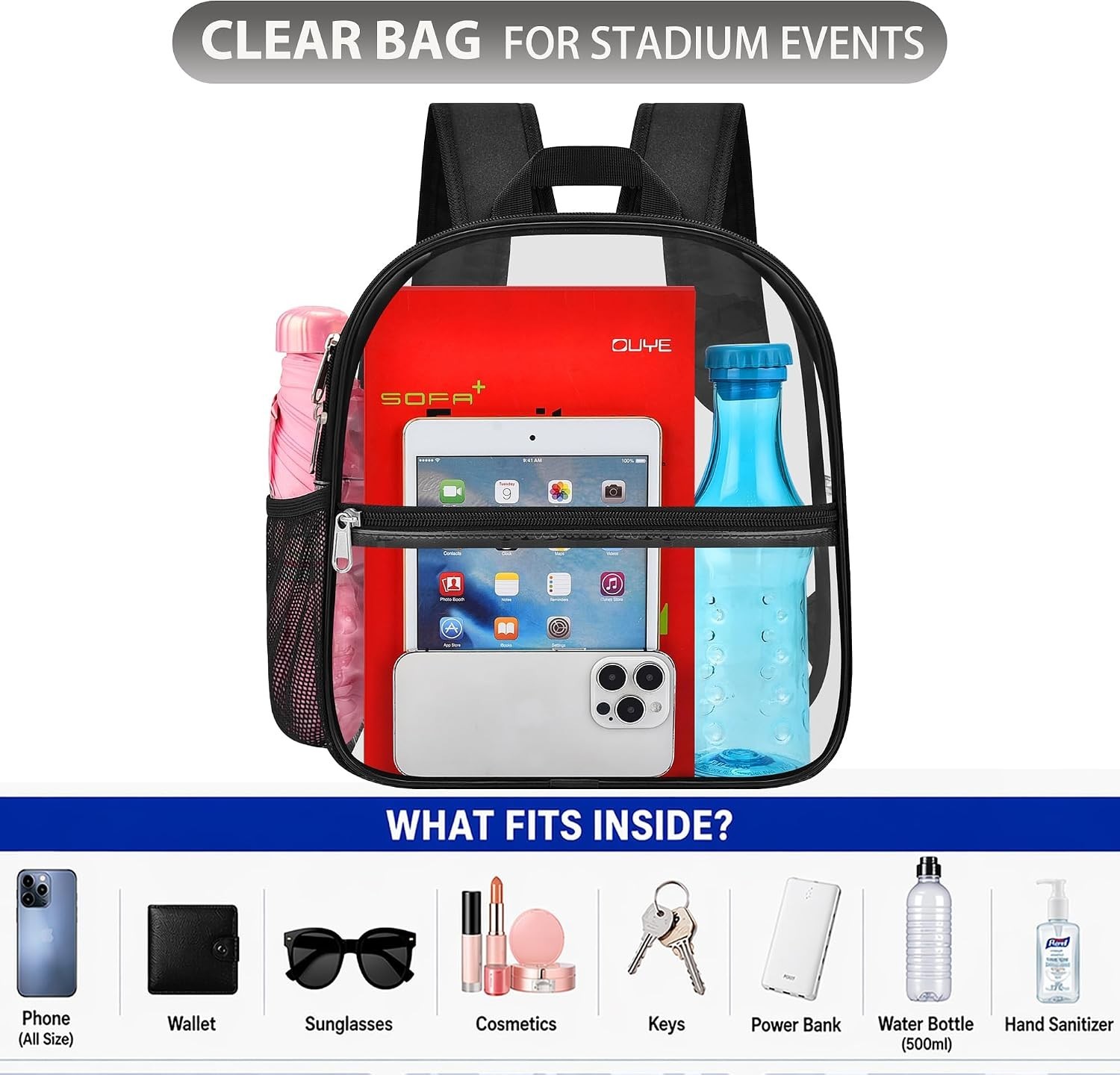 Versatile Black Clear Backpack for Concerts and Festivals – Stadium Approved
