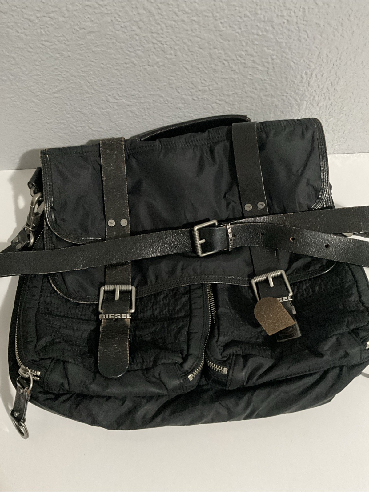 Vintage Diesel Messenger Bag Leather Nylon Y2K Buckled Black