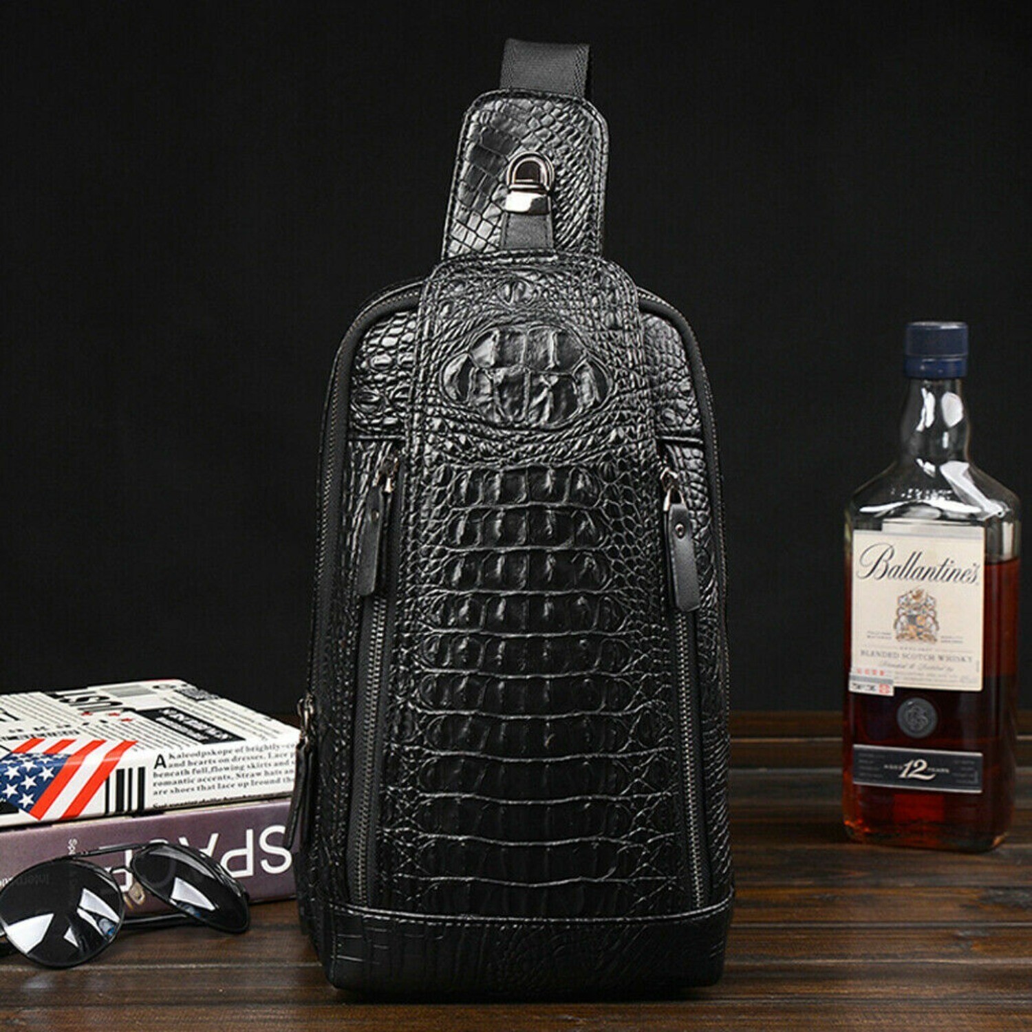 Mens Sling Backpack Leather Crocodile Crossbody Bag Chest Sling Bag Travel Bag