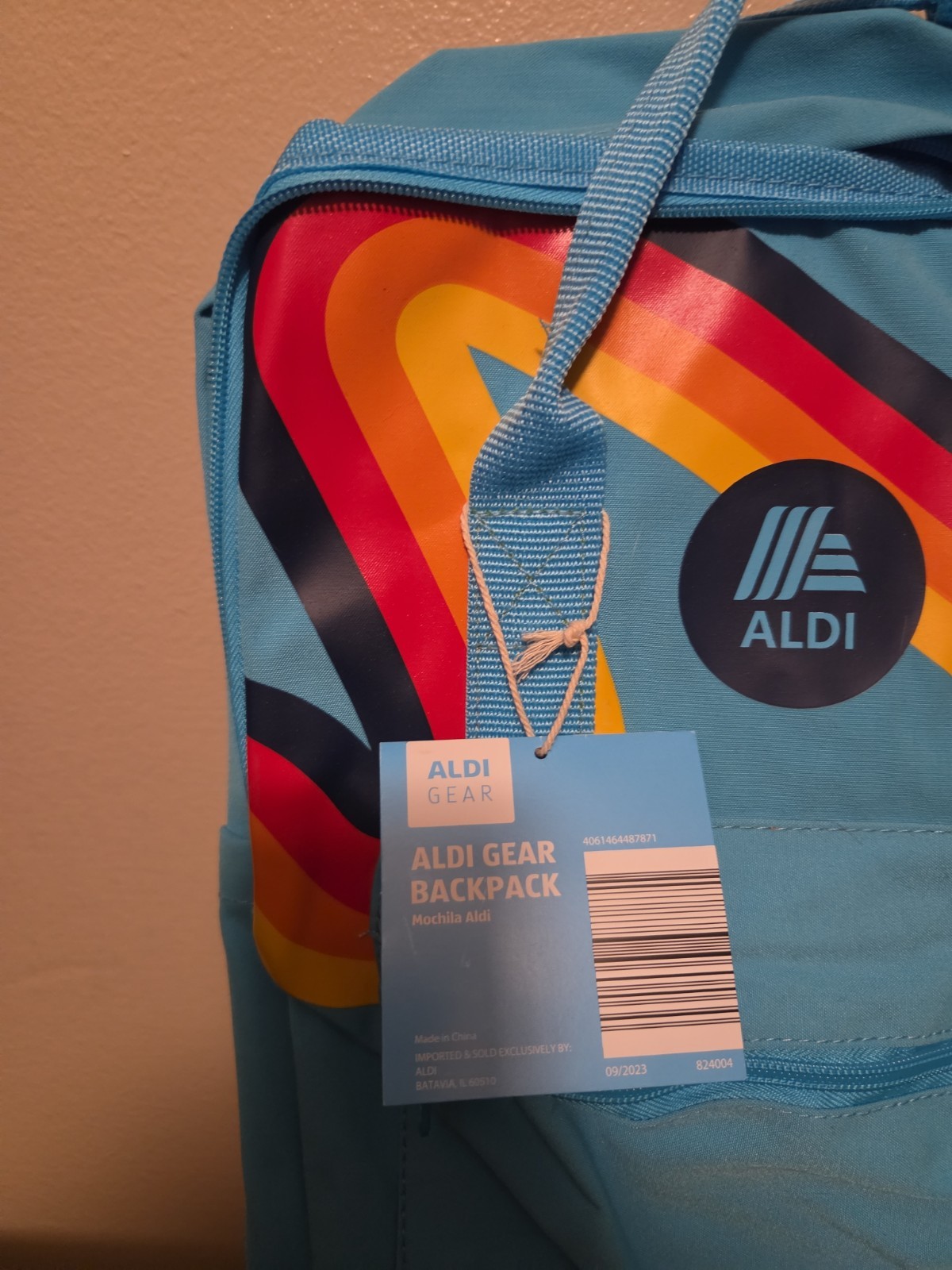 Aldi Gear Blue Rainbow Backpack with Laptop Sleeve Side Pockets Bright Logo NWT