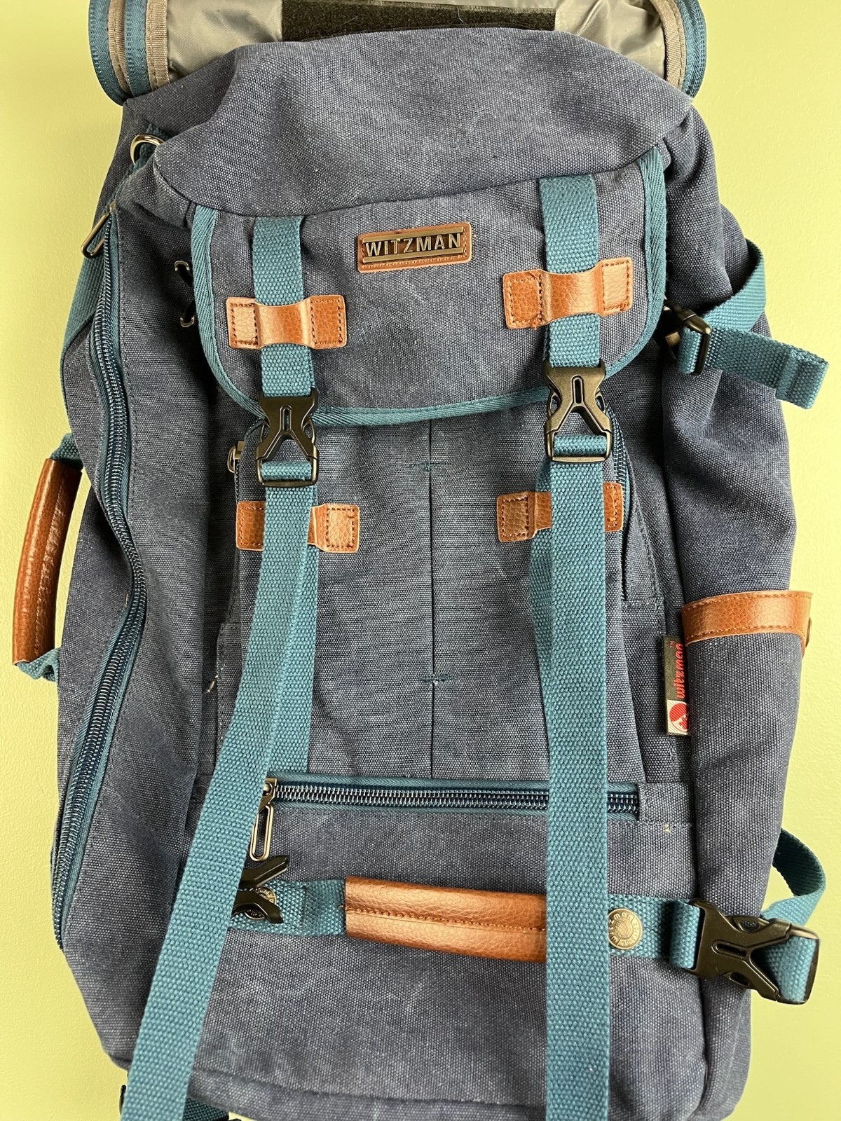 WITZMAN Travel Backpack Convertible Canvas Bag Navy Blue Leather Trim Luggage
