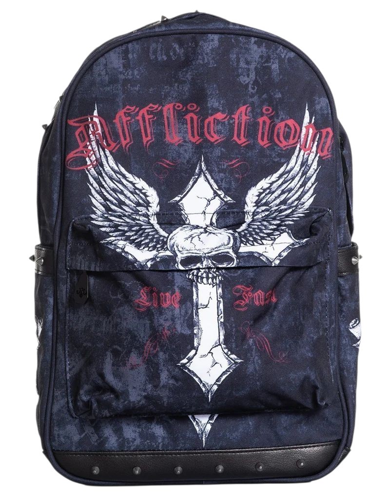 NEW Affliction Live Fast Backpack Skull Cross Leather Trim Studded Laptop Travel