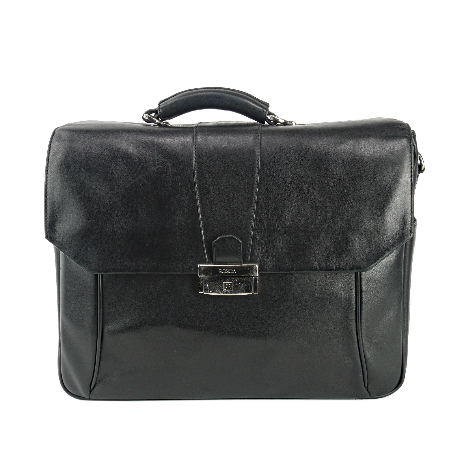 BOSCA Laptop Bag Briefcase Black Leather Silver Hardware Padded Compartments