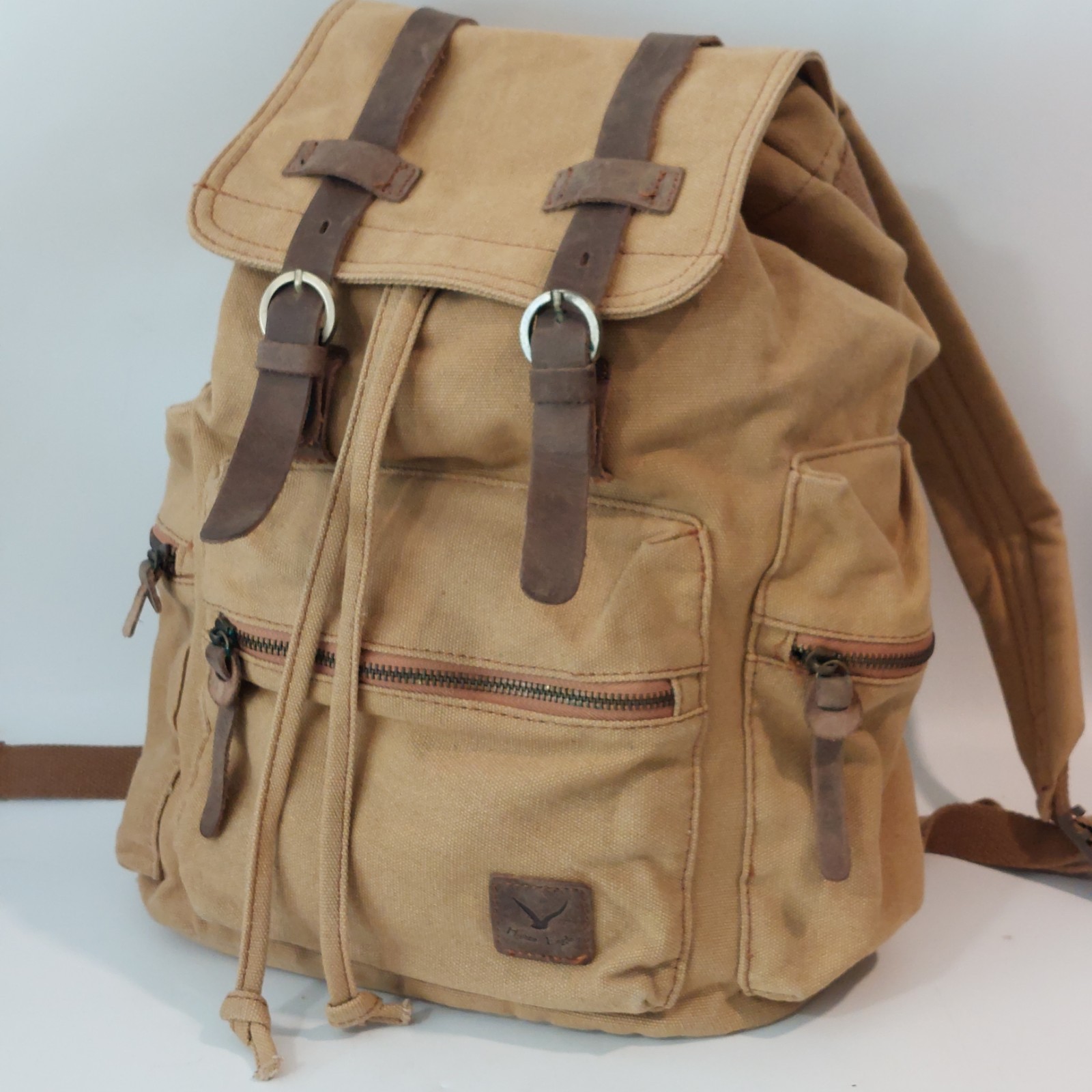 Canvas Rucksack Backpack Leather Trim Boho Hiking Travel Festival Tan Hynes