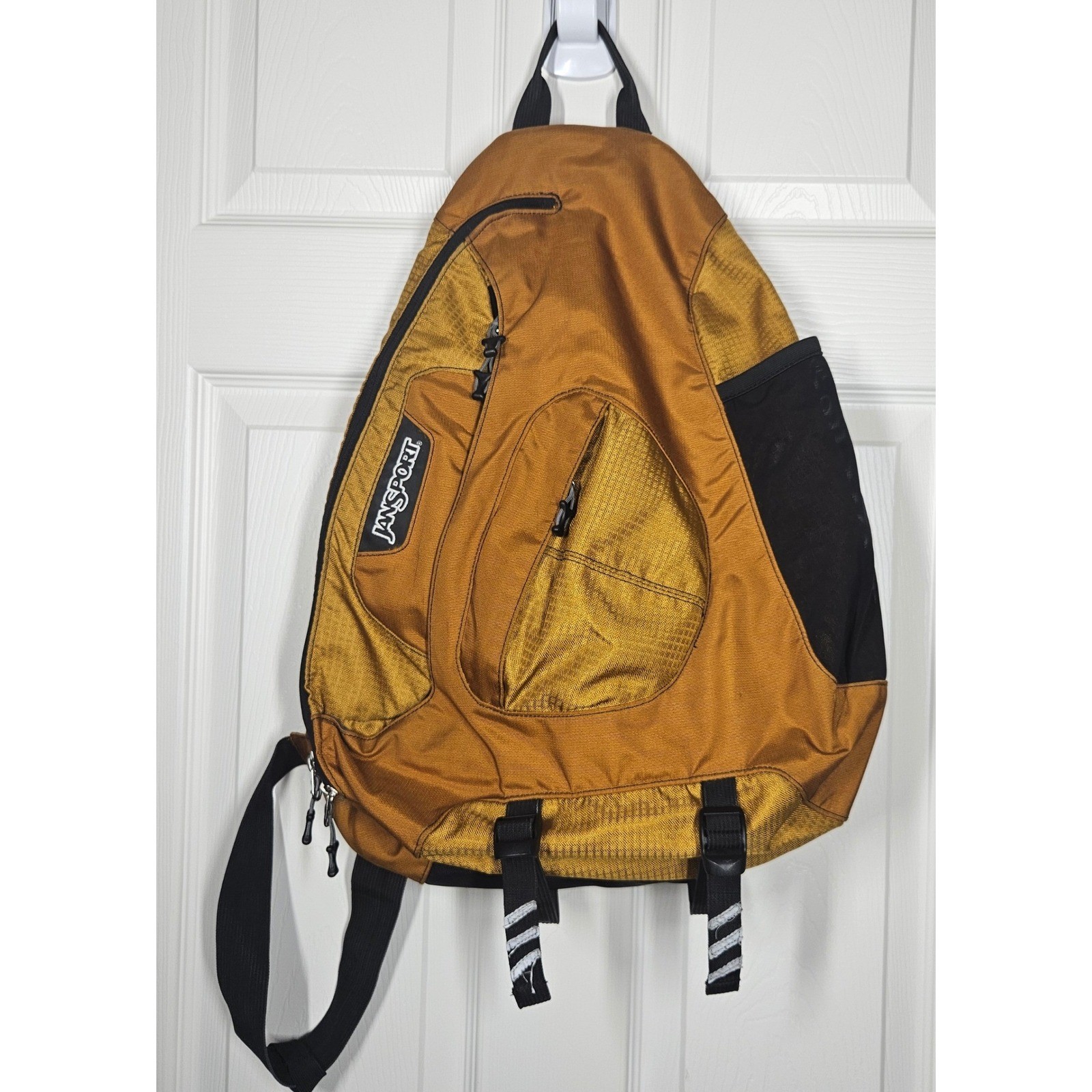 VTG JanSport Sling Backpack Mustard Yellow Black Y2K Single Strap Tear Drop Bag