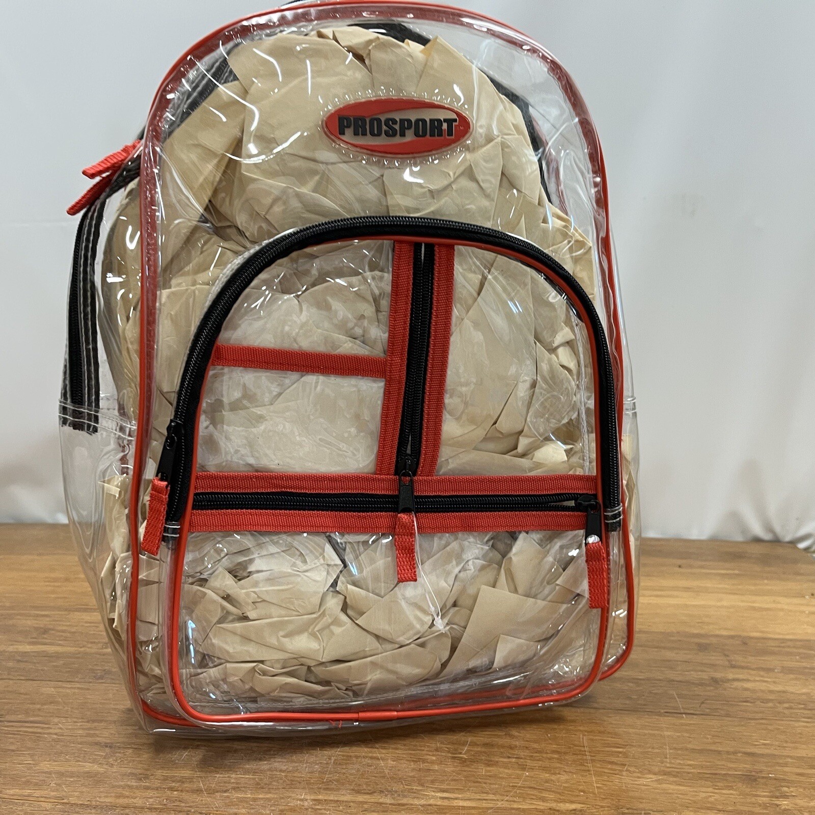 New Prosport Clear Backpack Transparent Waterproof Red Black Strip Zipper