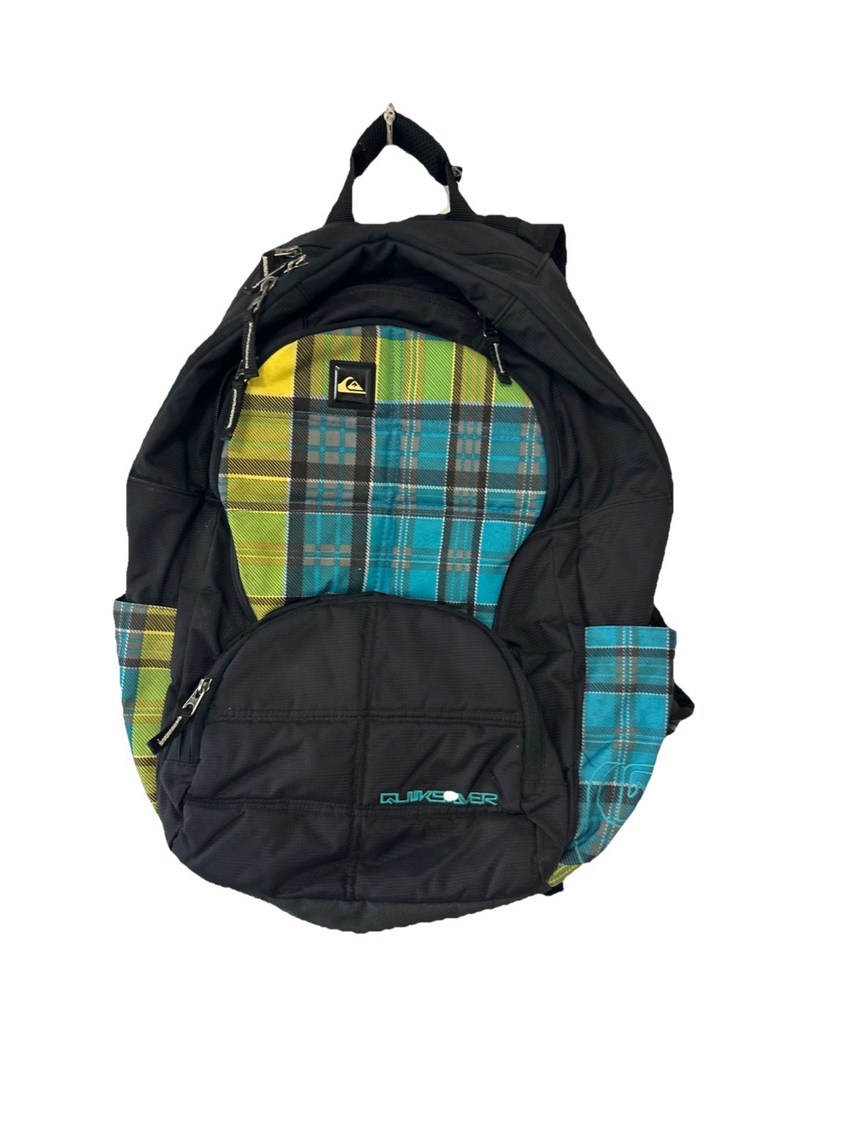 Quiksilver Full-Size Heavy Weather Black Base Blue & Green Plaid Backpack Bag