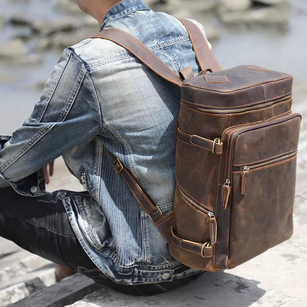 2025 NeLuxury Genuine Leather Backpack Men Laptop Bag Large Travel Cowhide Retro