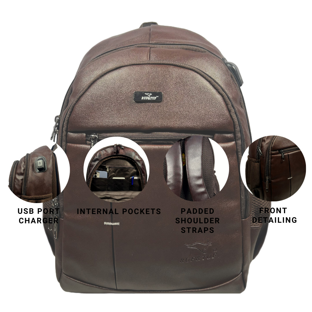 Brown Buffalo`Leather Backpack For Men with USB Port Charging 25 L Tech Backpack