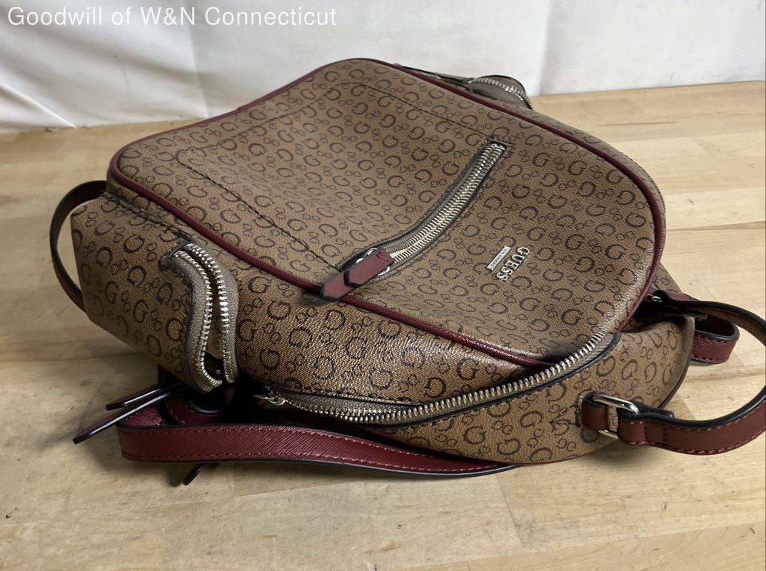 Guess Brown Burgundy Monogram Logo Backpack Purse Handbag Silver Hardware