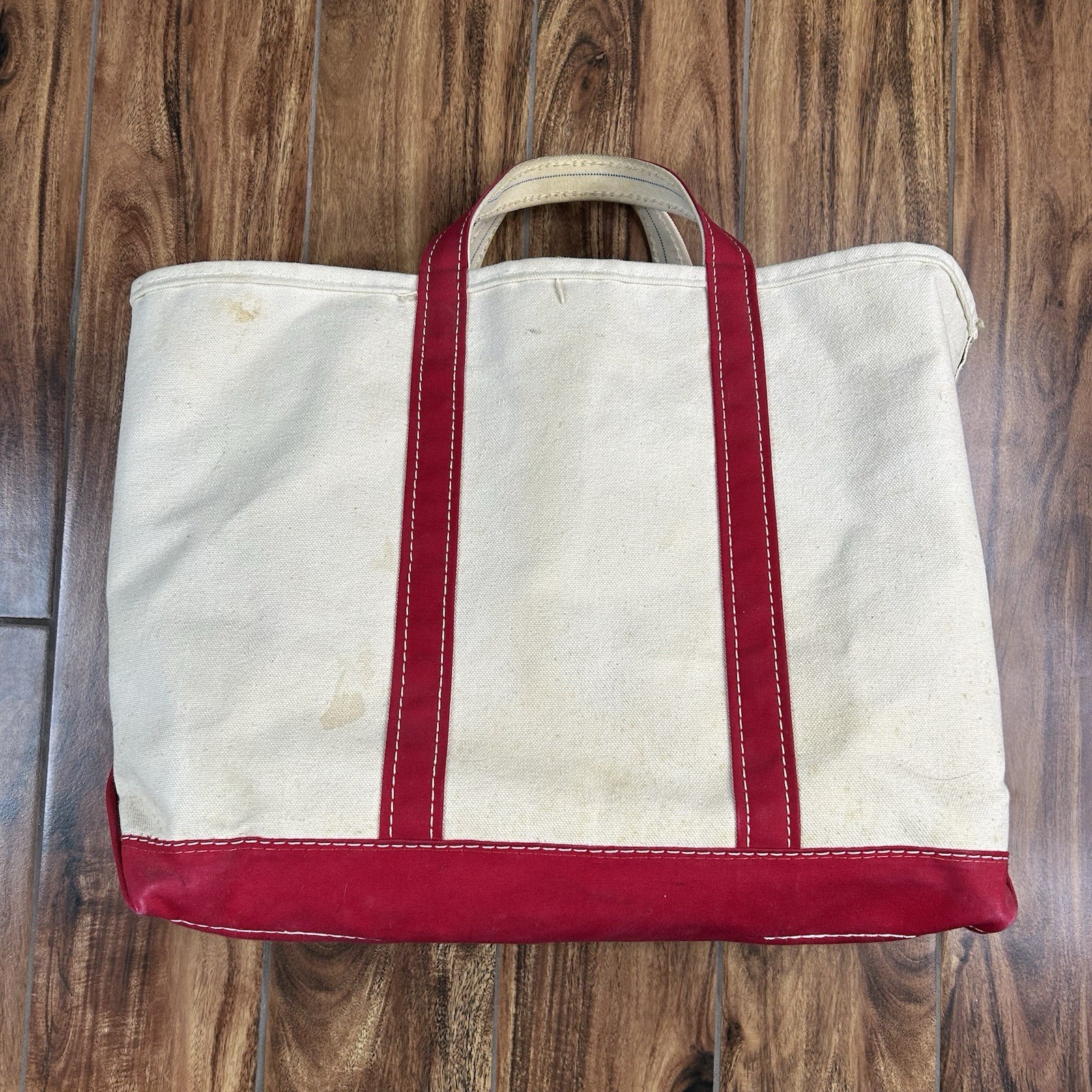 Vintage 90’s LL BEAN Boat and Tote Bag Large Ivory Red Stiff Canvas USA