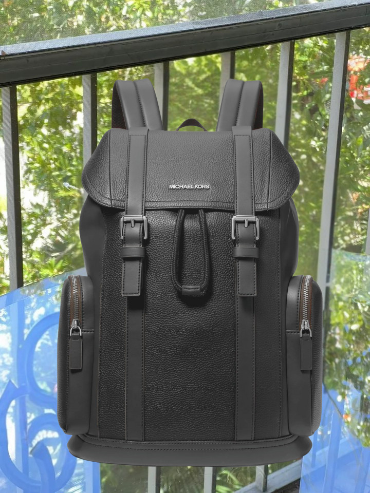 Michael Kors Cooper City Men Buckle Side Pockets Leather Travel Backpack Black