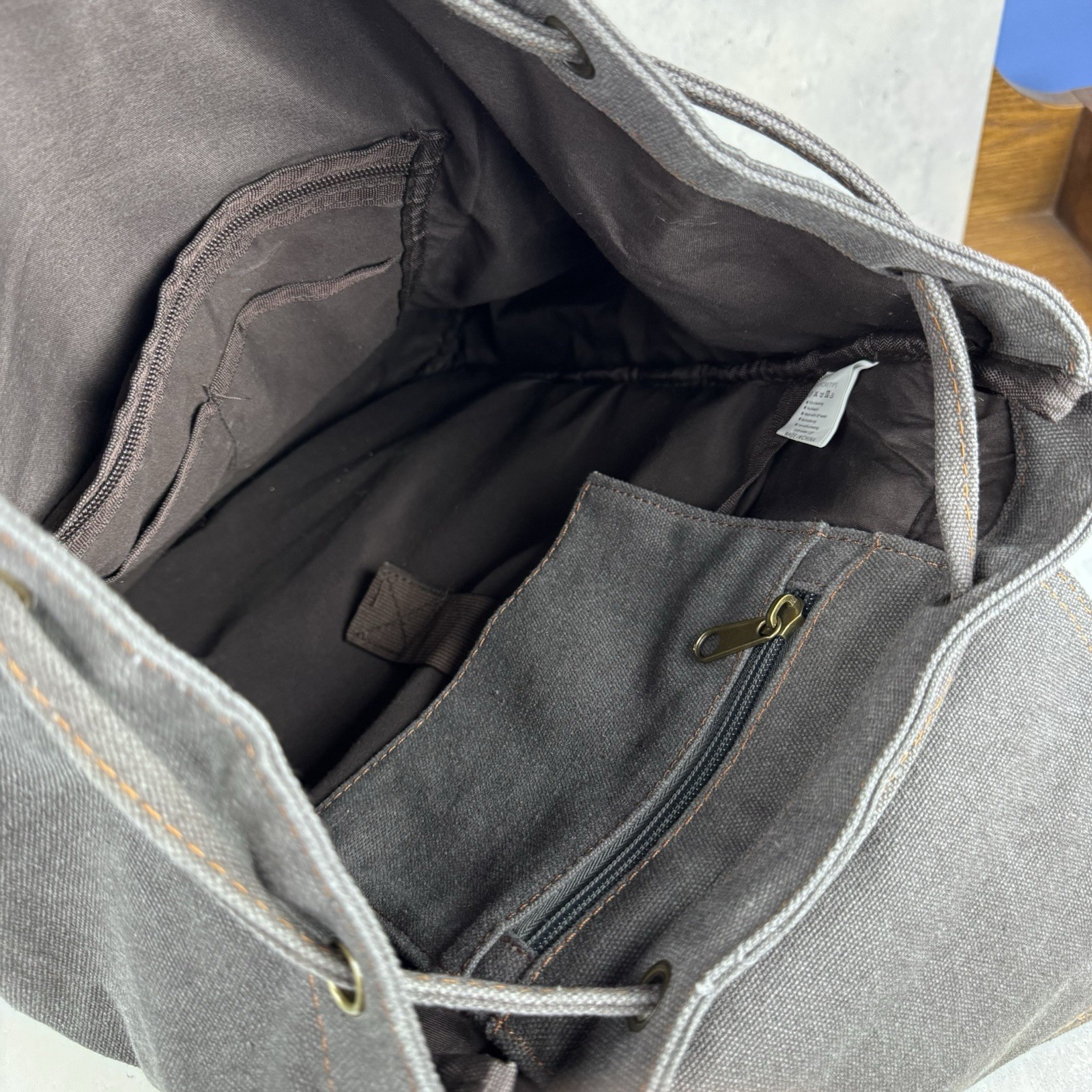 Augur Jans Canvas Backpack Gray Brown Drawstring Straps Hiking Boho READ