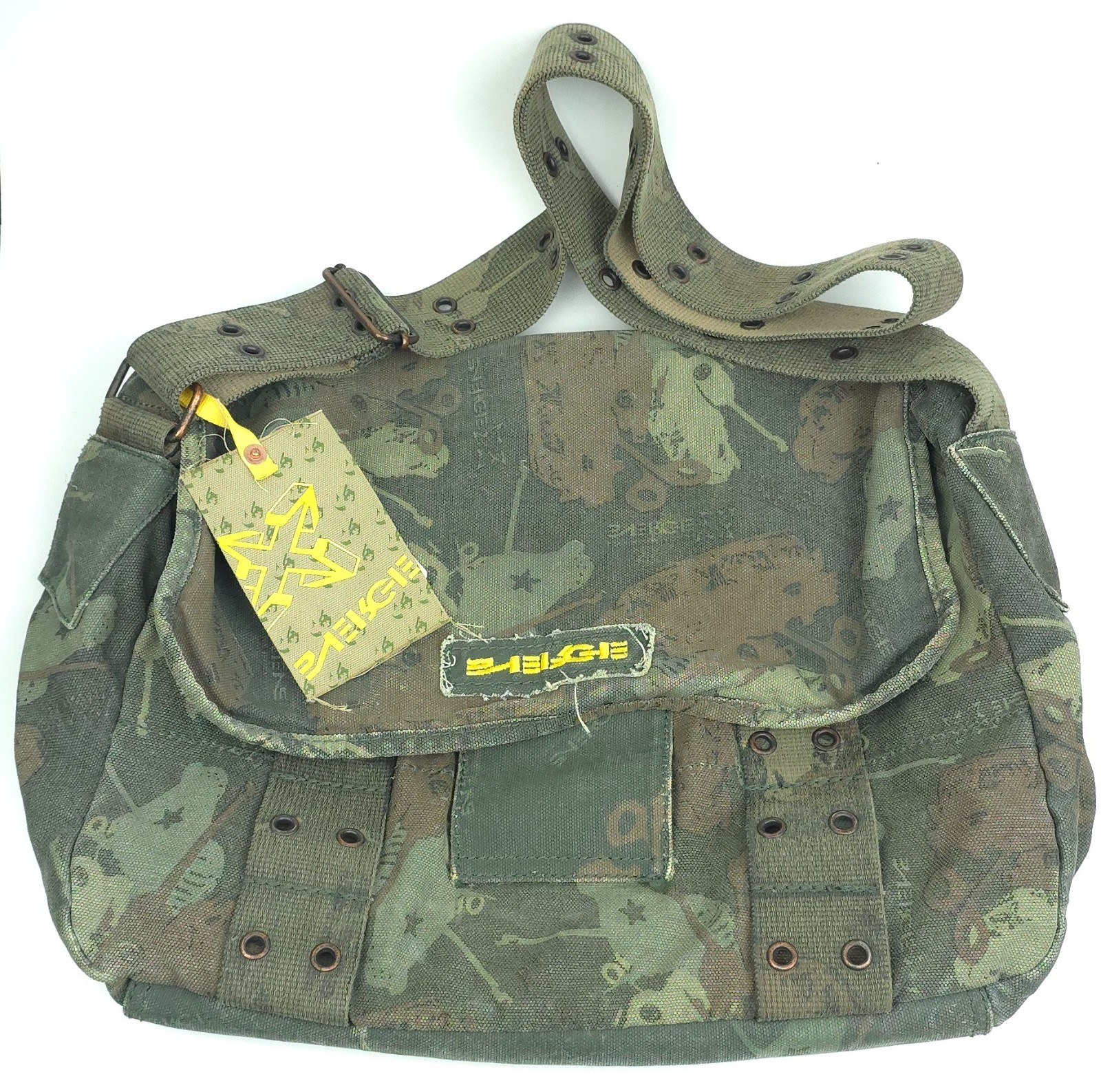 NEW VTG Y2K Energie Canvas Army Tank Print Camo Messenger Bag 14″ x 12.5″ x 5″