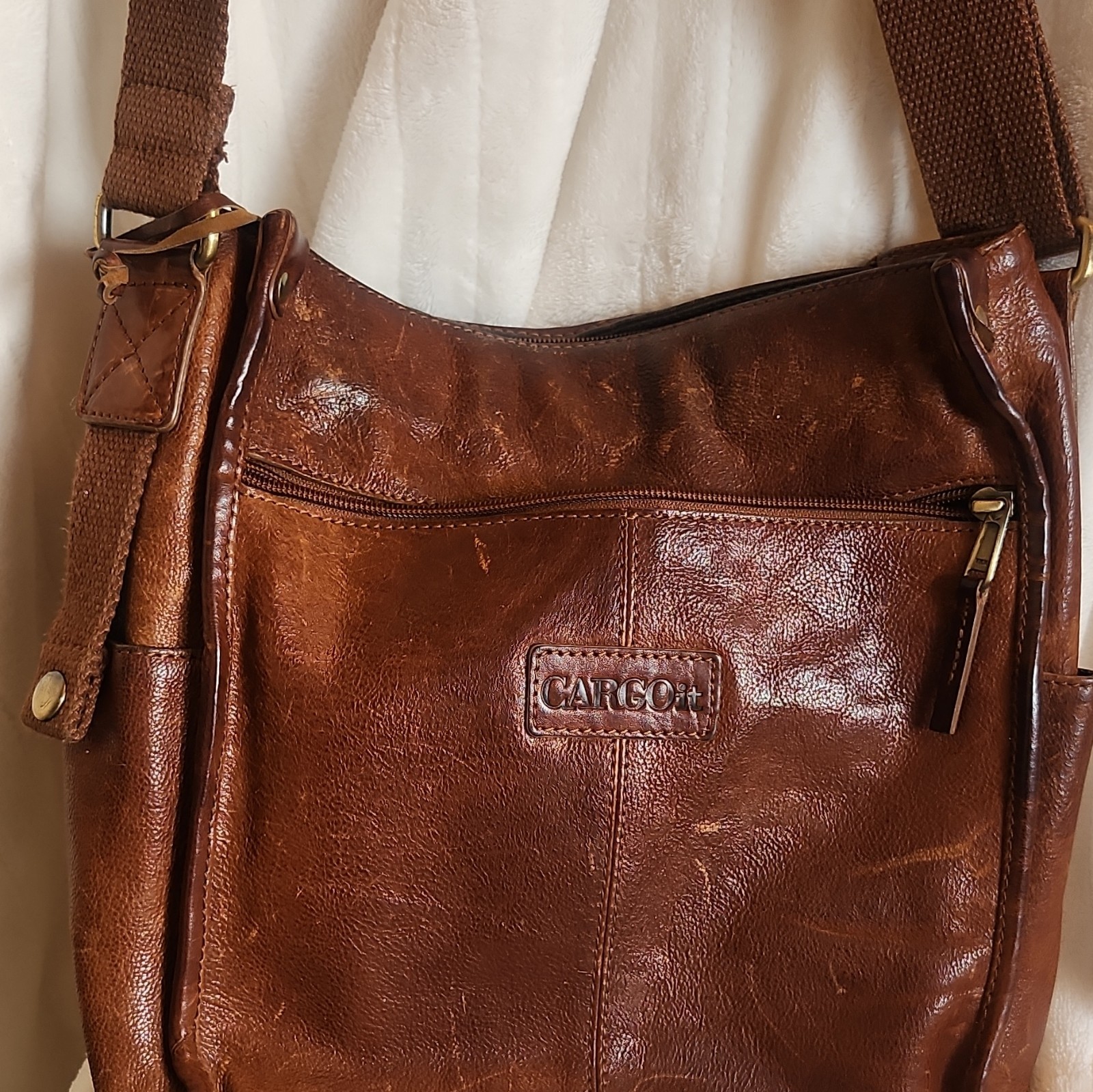 CARGOit Men’sLeather Brown Crossbody Bag Zip Buckle Snap, Pockets, Canvas Strap