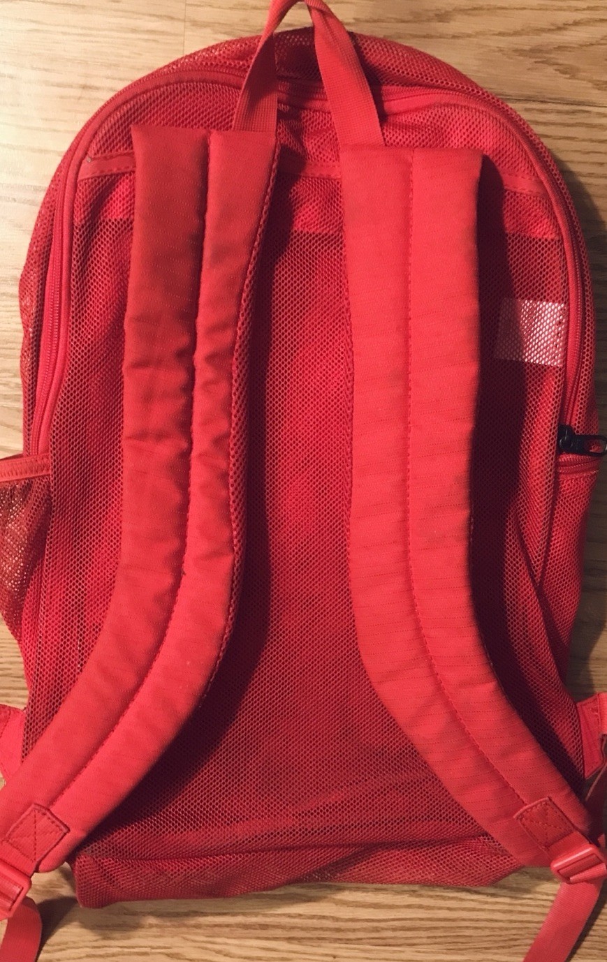 Nike Red Mesh Knit Backpack Comfort Strap Zip Close Divider Transparent Swoosh
