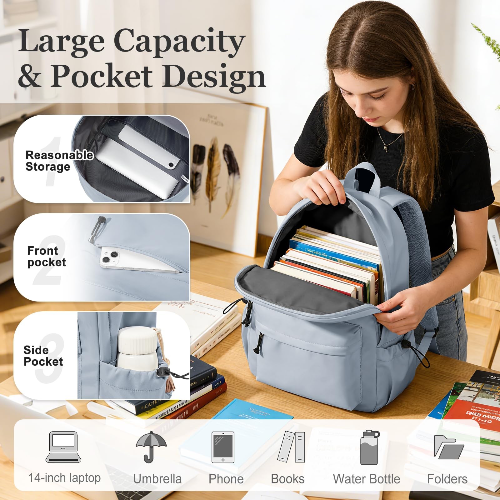 Blue Middle School Backpack College Students High School Waterproof Bookbag Teen