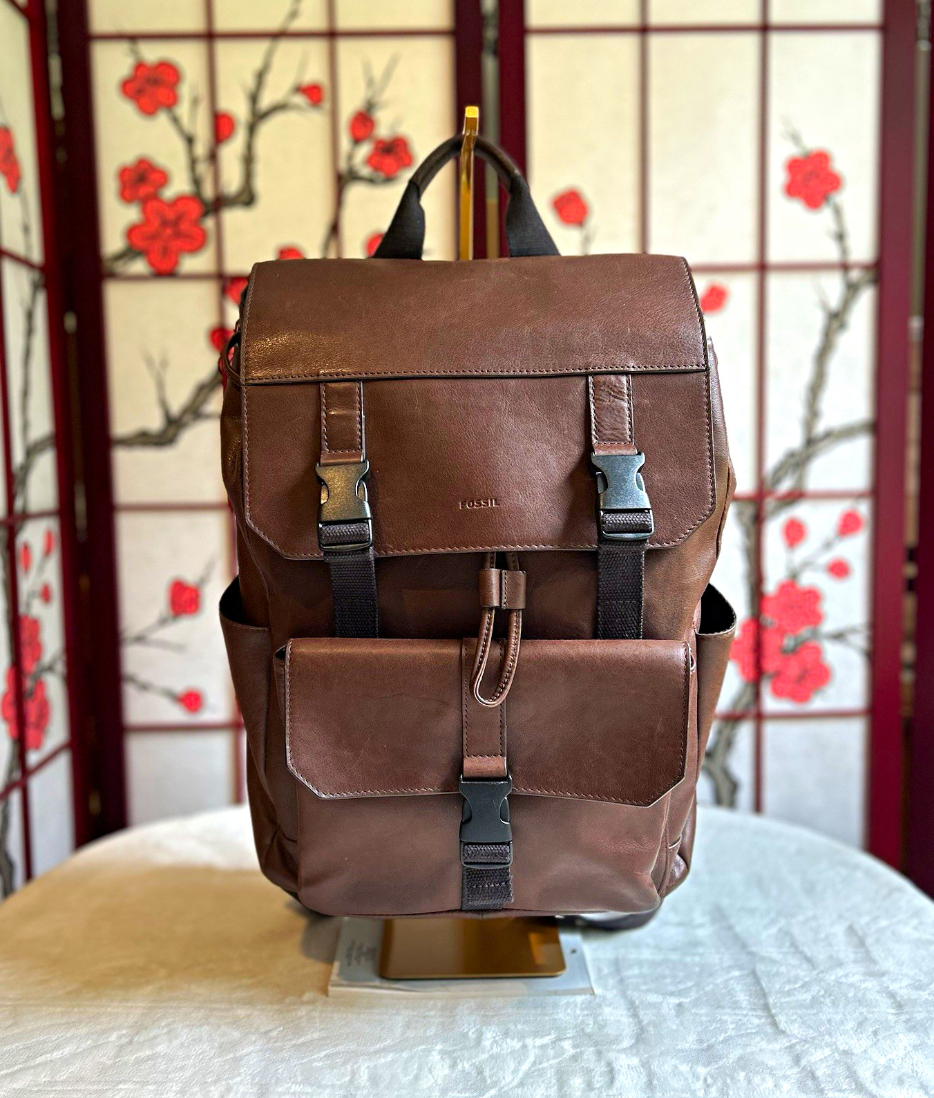 Fossil Brown Backpack Drawstring Flap Buckle Top Handle Outer Pockets Laptop