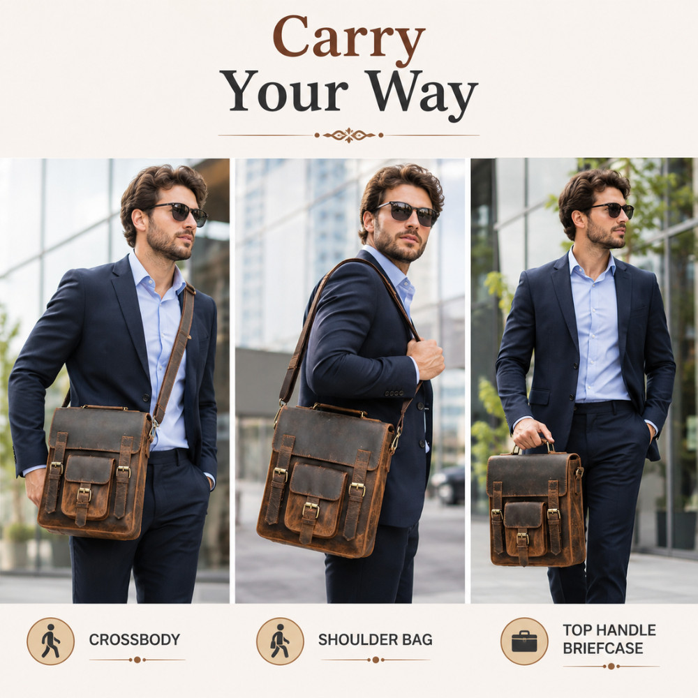 11″ Buffalo Leather Sling Bag Mens Dark Brown For iPad, Tablet Crossbody Strap