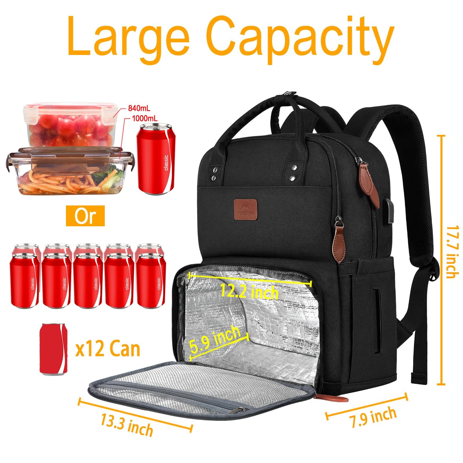 MATEIN 17 Inches Lunch Backpack, Extra Large Lunch Box with Insulated Cooler …