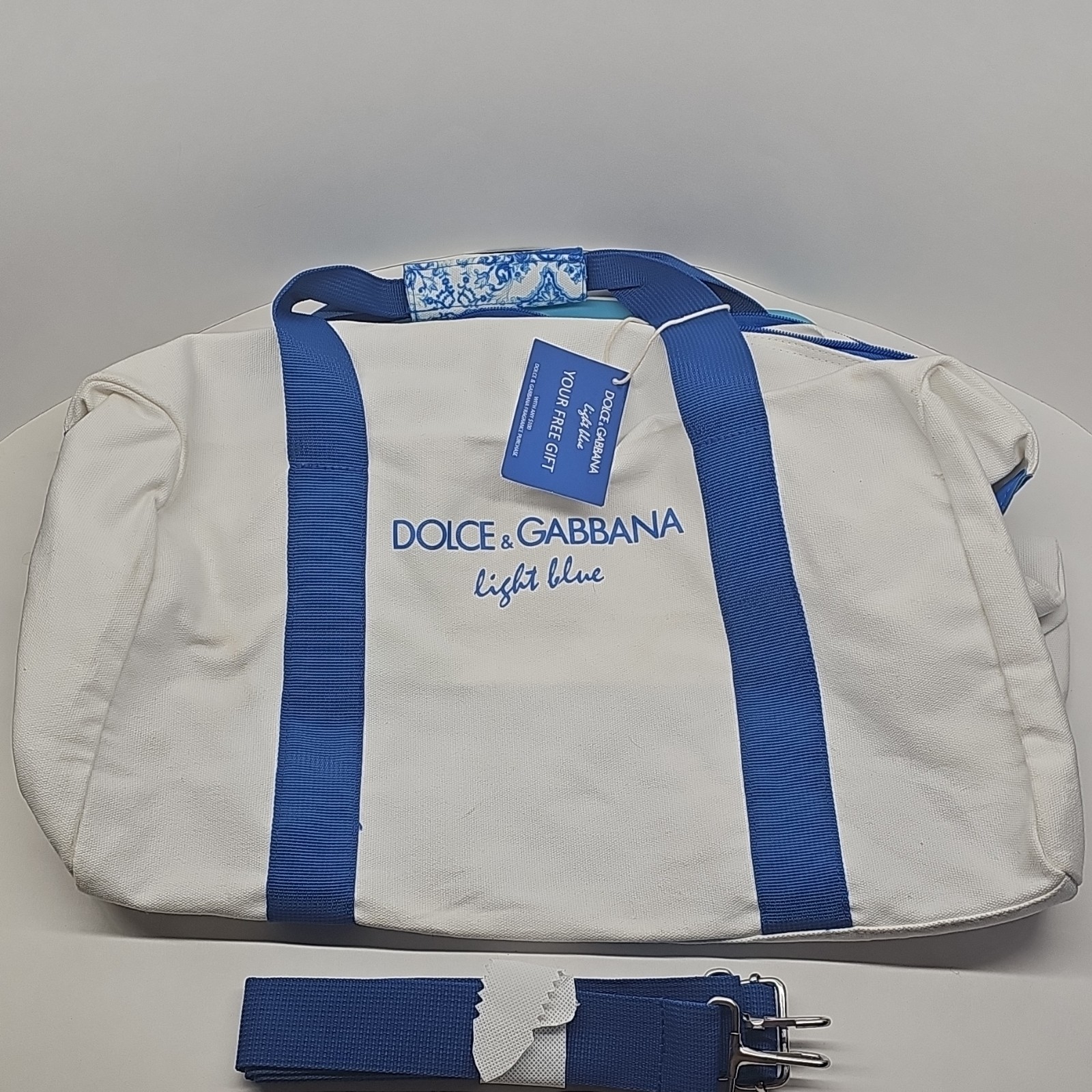 Dolce & Gabbana Light Blue Canvas Duffel Bag Promo Travel Bag w/ Strap NEW