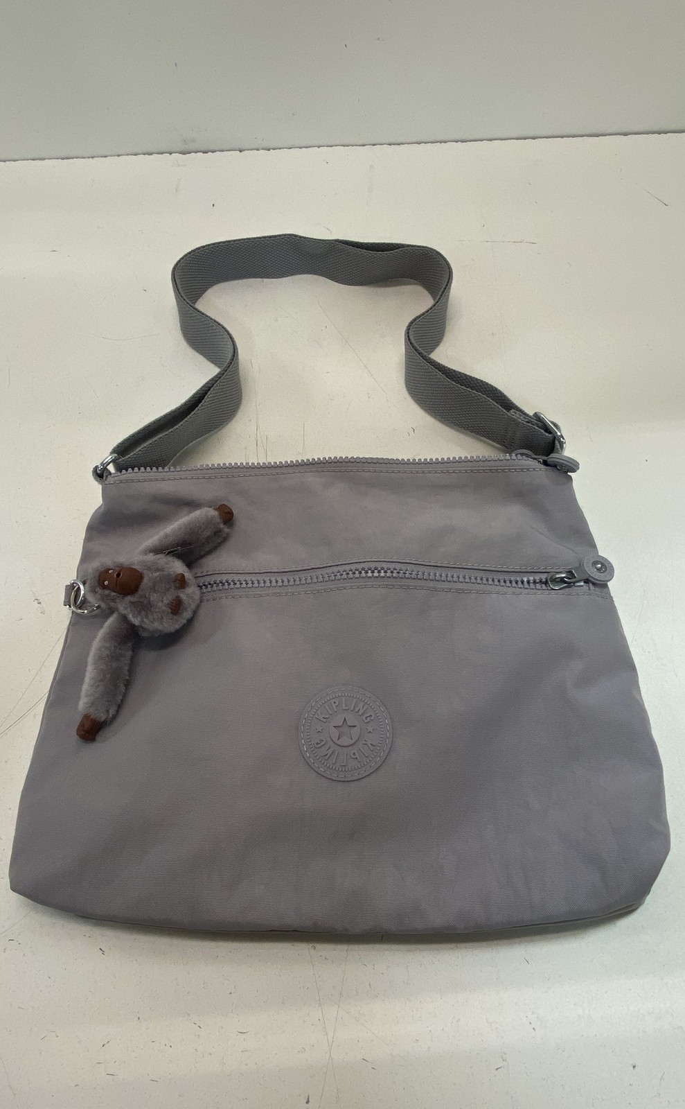 Kipling Grey Nylon Crossbody Shoulder Bag with Plush Monkey Keychain