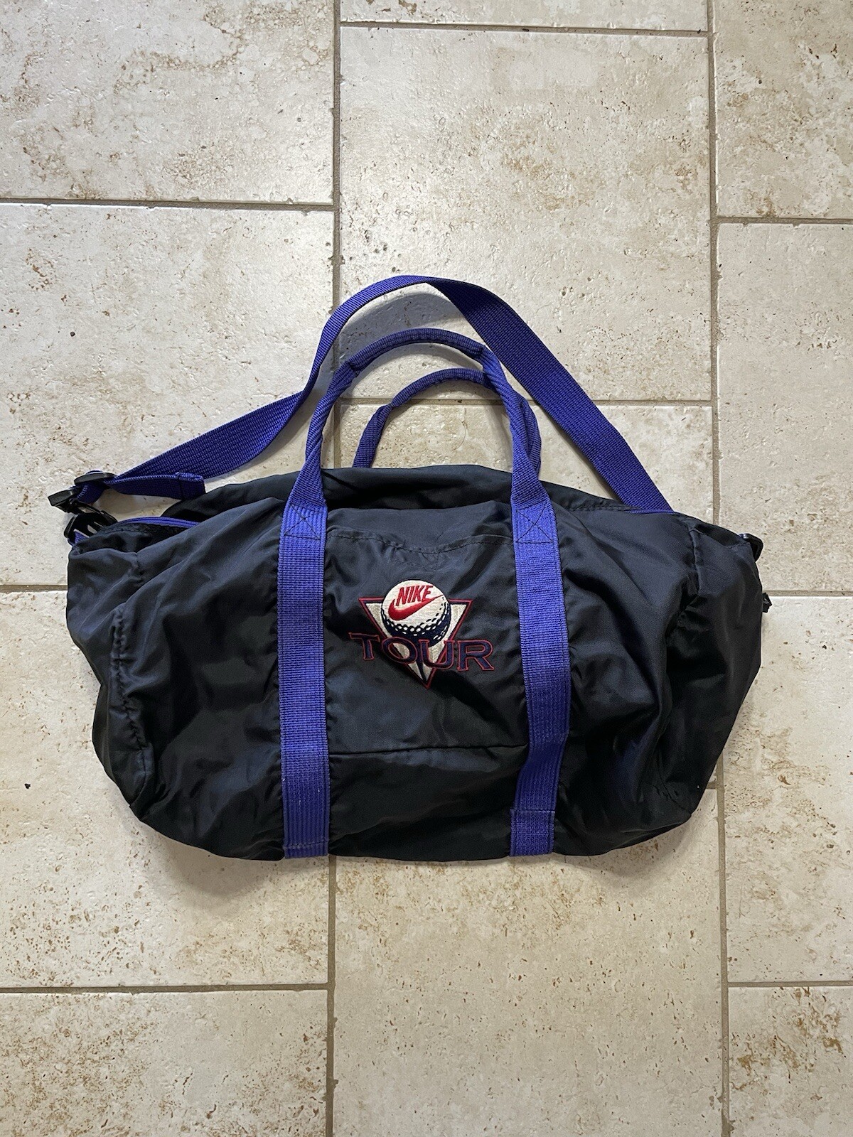 Vintage NIKE Black Purple Duffle Gym Travel Bag Swoosh 1990’s Gray Tag PGA Golf