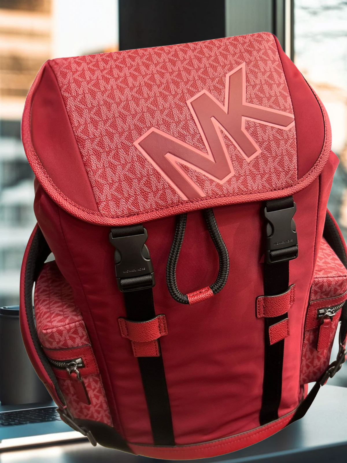 Michael Kors Cooper Men Signature Logo and Nylon Pocket Travel Backpack Cherry