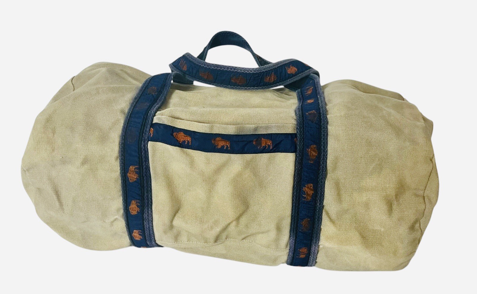 Vintage Warden Brooks Beige Navy Blue Canvas Duffel Bag Buffalo Bison Print