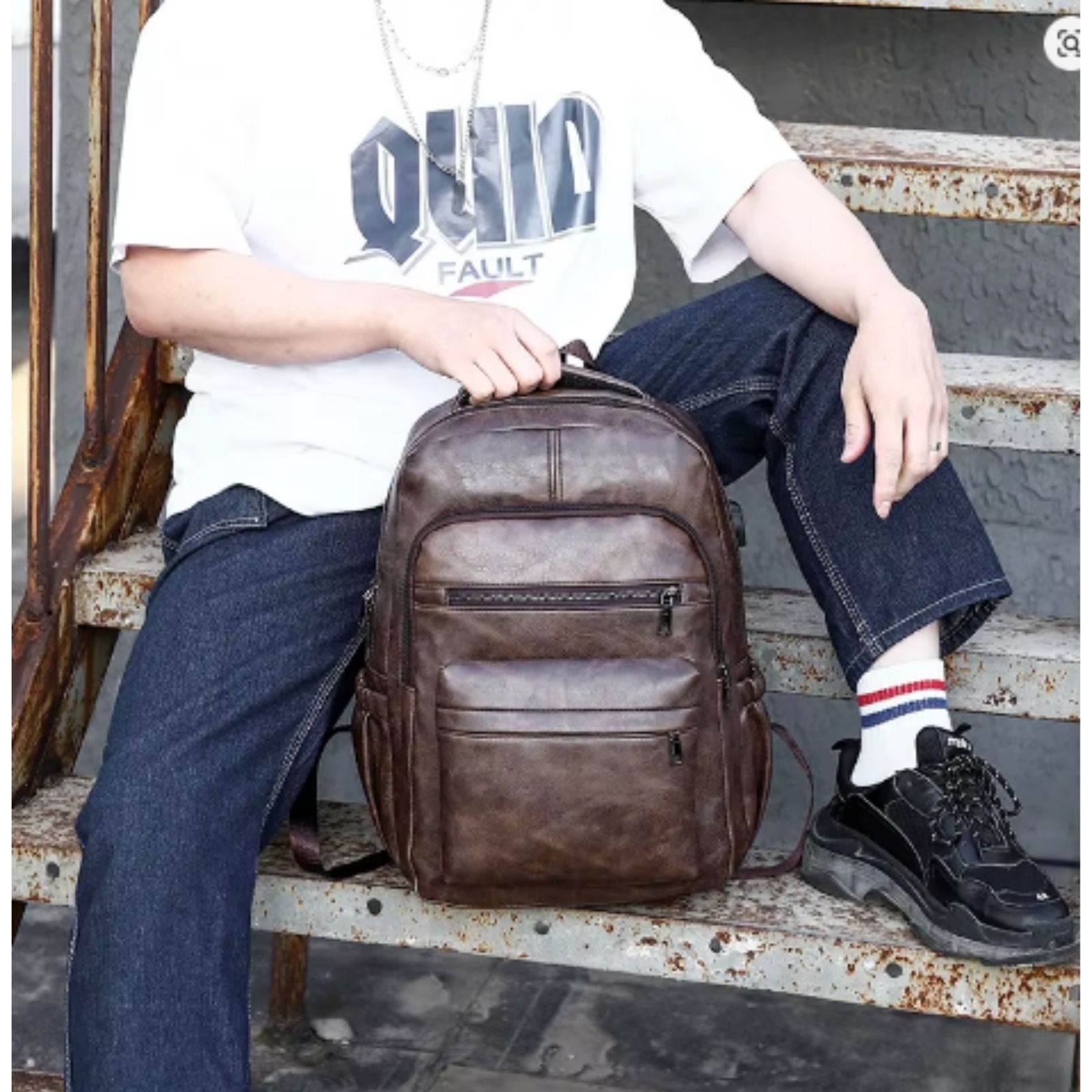 High Quality USB Charging Backpack Men PU Leather Bagpack Large Laptop Backpacks