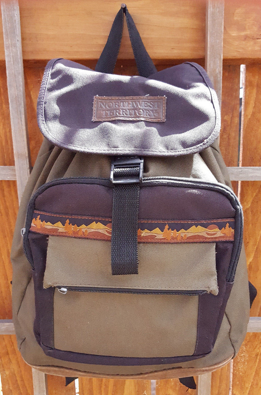 Vtg Northwest Territory Backpack-Leather Strip-Green-Pockets-School Sport Hike
