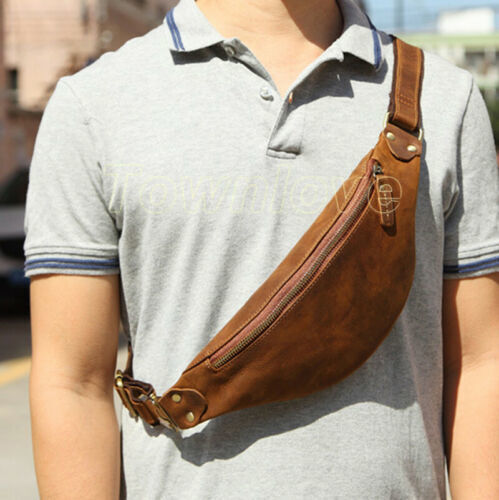 Mens Vintage Genuine Cowhide Leather Waist Bag Fanny Pack Sling Chest Bum Bag